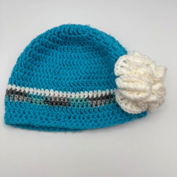 Handmade Women’s Blue Crochet Beanie White Flower Stripe Winter Hat Grannycore - Picture 2 of 9